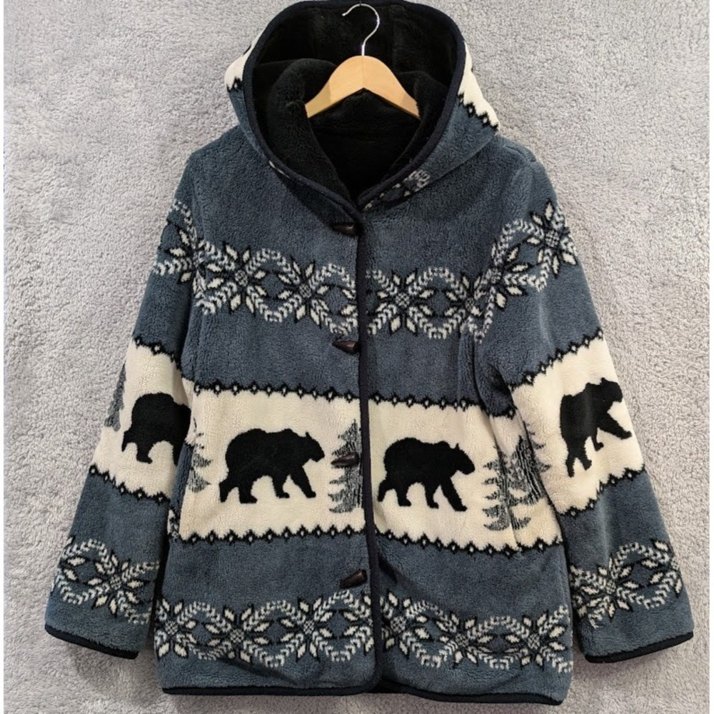 VTG Nordic Lights Reversible Hooded Fleece Jacket Medium Bears Snowflakes *Flaws